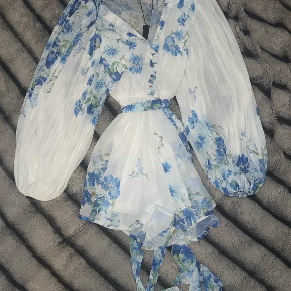 Fashion Nova Blue and White Floral Chiffon Dress
